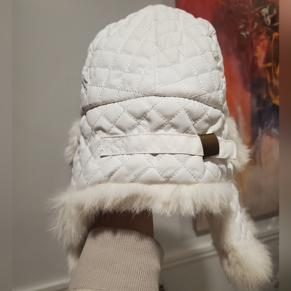 New White Quilted North Circle Expedition Mary Heart Rabbit Fur Trapper Hat - Picture 12 of 14